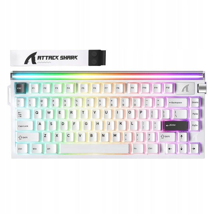 Biała klawiatura magnetyczna Attack Shark R85 HE z podświetleniem RGB i rolką głośności.