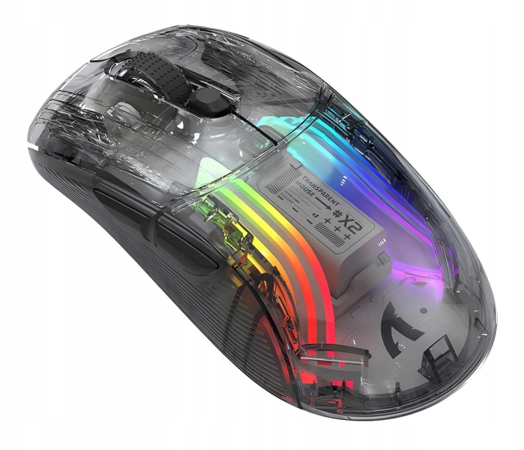 Półprzezroczysta obudowa myszy ATTACK SHARK X2 PRO z efektami świetlnymi 3D RGB.