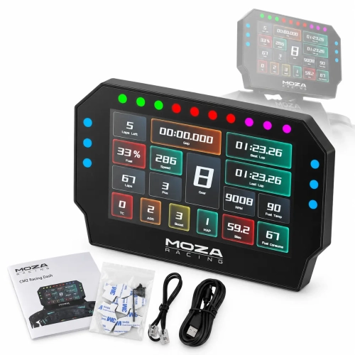 Wyświetlacz Moza Racing CM2 RS072 zamontowany w kokpicie z kierownicą i bazą MOZA.webp