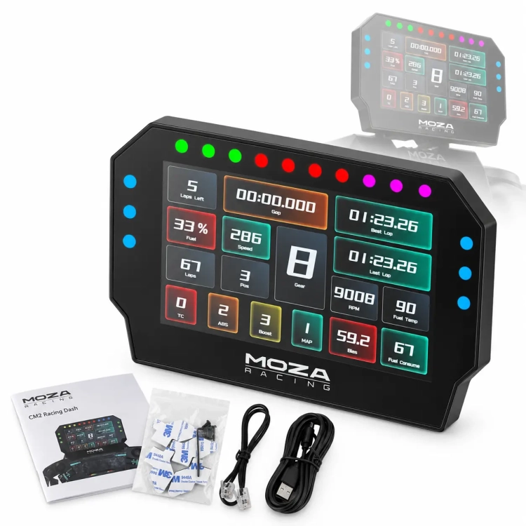Wyświetlacz Moza Racing CM2 RS072 zamontowany w kokpicie z kierownicą i bazą MOZA.webp