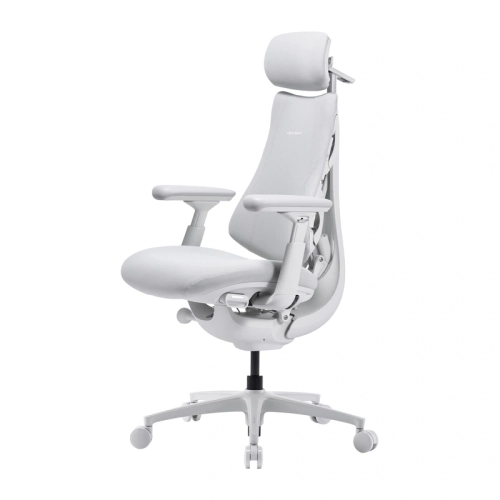 Białe krzesło ergonomiczne LiberNovo Omni Pro 48 cm, widok boczny z podnóżkiem