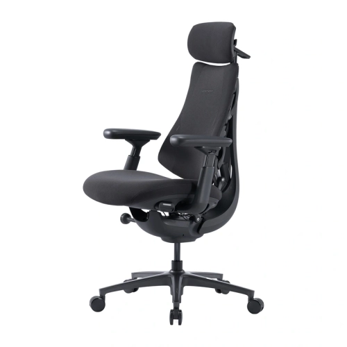 Grafitowe krzesło ergonomiczne LiberNovo Omni Pro 48 cm, widok z boku z wysuniętym podnóżkiem