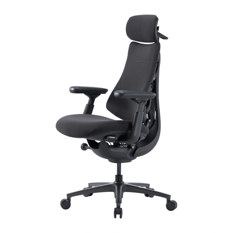 Grafitowe krzesło ergonomiczne LiberNovo Omni Pro 48 cm, widok z boku z wysuniętym podnóżkiem