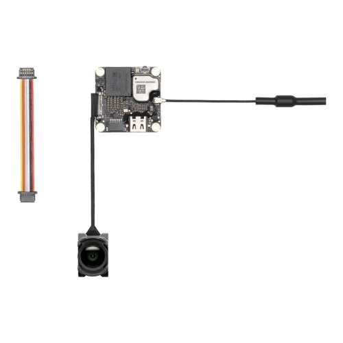 Zawartość zestawu DJI O4 Wide Air Unit z kamerą, anteną, przewodem i modułem transmisji