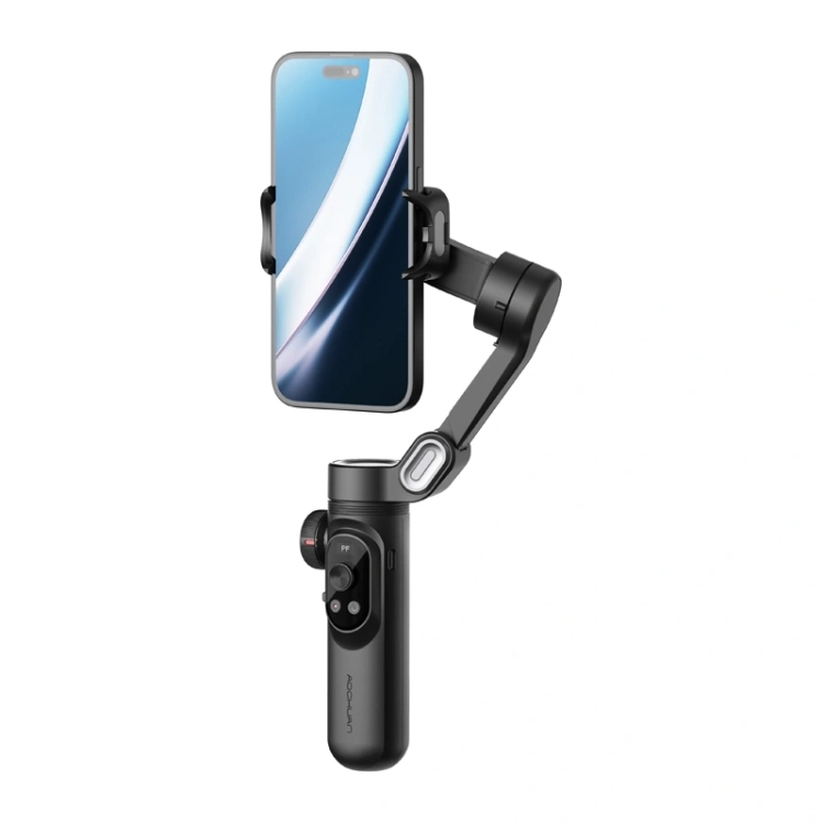 Gimbal AOCHUAN Smart X Pro Standard czarny, widok produktu ze smartfonem zamocowanym pionowo