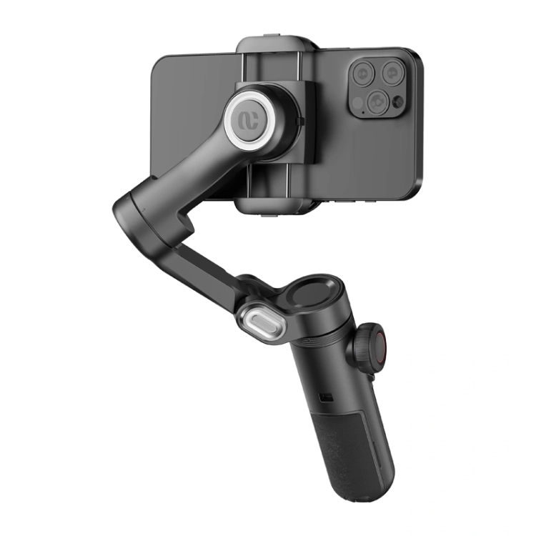 Gimbal AOCHUAN Smart X Pro Standard czarny, widok pod kątem z uchwytem na smartfon