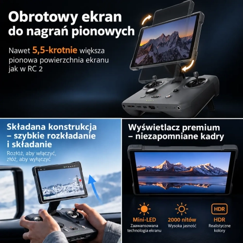DJI RC Pro 2 pilot zdalnego sterowania – bardzo jasny, obrotowy wyświetlacz o przekątnej 7, składany drążek sterujący, wbudowany mikrofon, kompatybilny z Mavic 4 Pro i innymi.webp