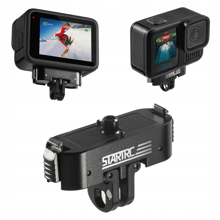 GoPro HERO 13 z magnetyczną szybkozłączką STARTRC przedstawioną w kilku konfiguracjach montażowych