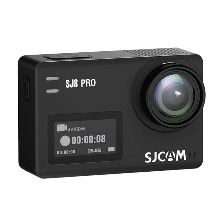 SJCAM SJ8 Pro pod kątem, przedni wyświetlacz z czasem nagrania