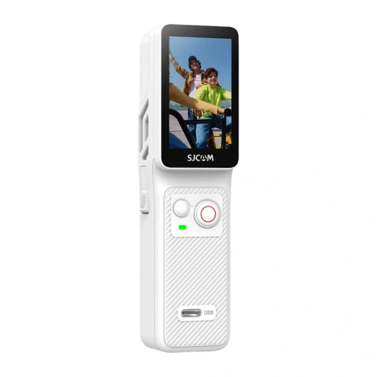 Biała kamera SJCAM C400 w kontrolerze z uniesionym ekranem dotykowym