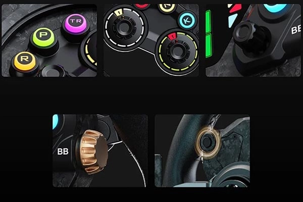 Zbliżenie na przyciski, enkodery i elementy sterujące kierownicy MOZA Racing CS Pro RS093