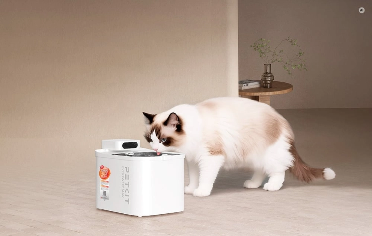Kot pijący wodę z bezprzewodowej fontanny PETKIT Eversweet Max 2 w salonie