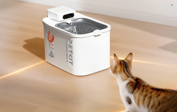 Kot korzystający z automatycznej fontanny PETKIT Eversweet Max 2 z czujnikiem ruchu