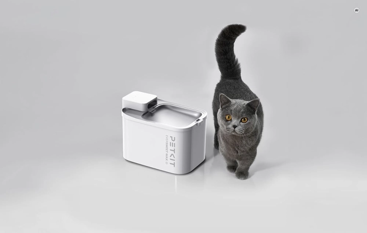 Kot stojący obok inteligentnej fontanny PETKIT Eversweet Max 2