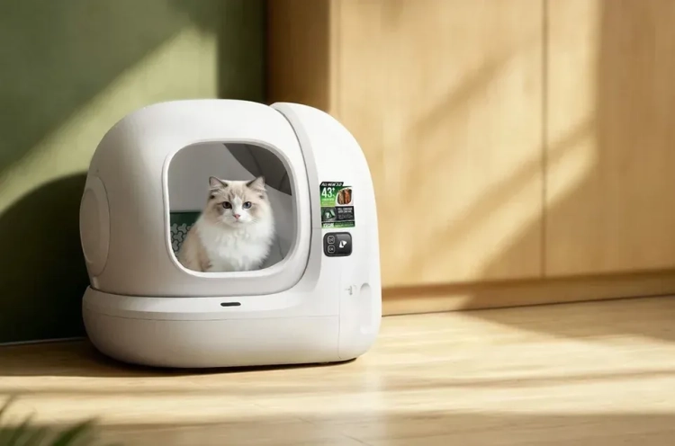 Kot siedzący w bębnie kuwety PETKIT Purobot Max 3 w jasnym pokoju