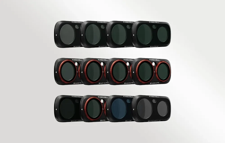 Zestaw 12 filtrów Freewell do Insta360 Luna Ultra – filtry na jasnym tle, widok pod kątem
