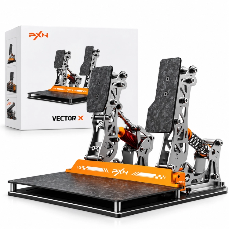 Pedały PXN Vector X do simracingu – zestaw pedałów na płycie obok pudełka