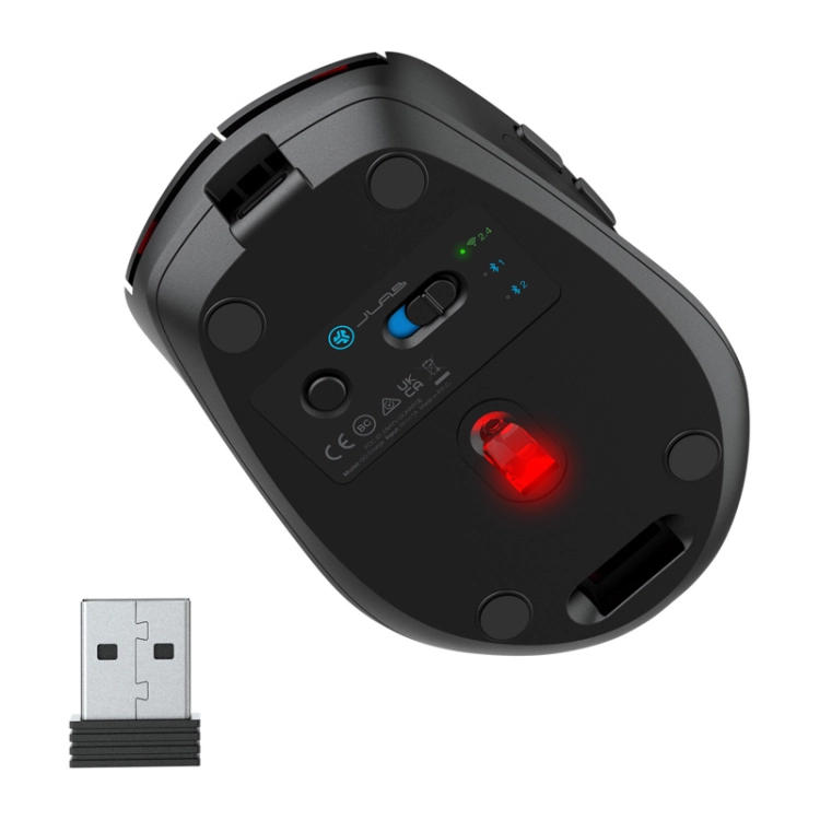 Spód myszy JLab GO Charge z sensorem i odbiornikiem USB obok