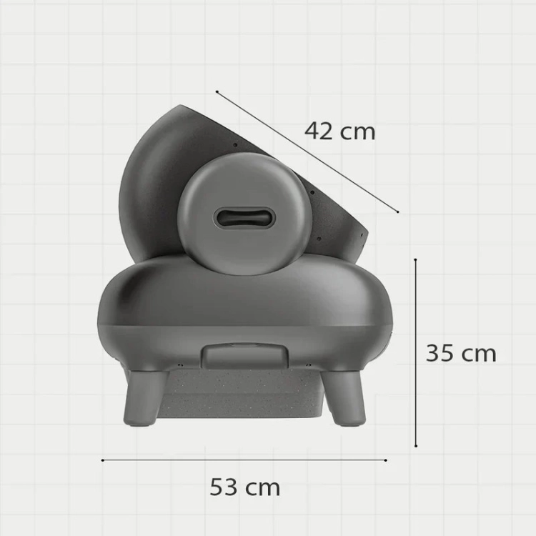 Wymiary kuwety Neakasa M1 z boku: głębokość 53 cm, wysokość wejścia 35 cm