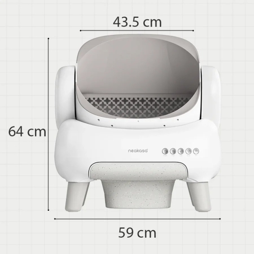 Wymiary kuwety Neakasa M1 Lite: wysokość 64 cm, szerokość 59 cm, otwór komory 43,5 cm