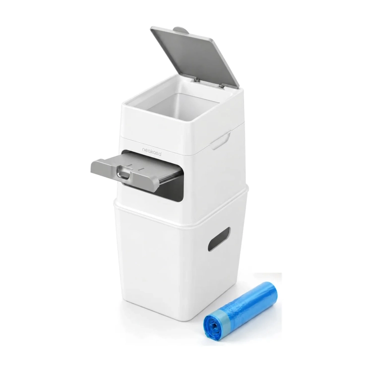 Biały pojemnik Neakasa PooGuard 9,2 l z otwartą pokrywą, wysuniętą szufladą i rolką worków