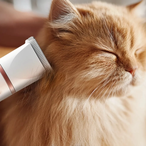 Kot z zamkniętymi oczami podczas strzyżenia maszynką CATLINK Pet Trimmer