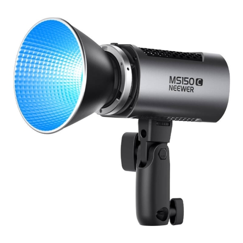 Lampa NEEWER MS150C z niebieskim światłem na rączce, widok z boku