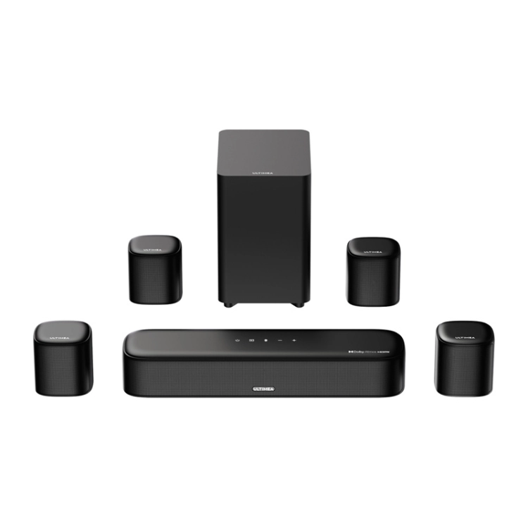 Zestaw Ultimea Aura A60 od przodu, subwoofer za soundbarem