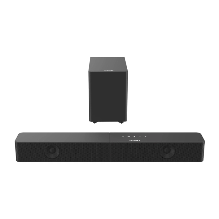 Ultimea Poseidon R3T od przodu, subwoofer za belką soundbara