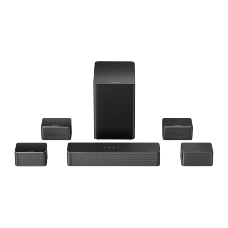 Ultimea Poseidon D70 od przodu: soundbar, subwoofer i głośniki po bokach