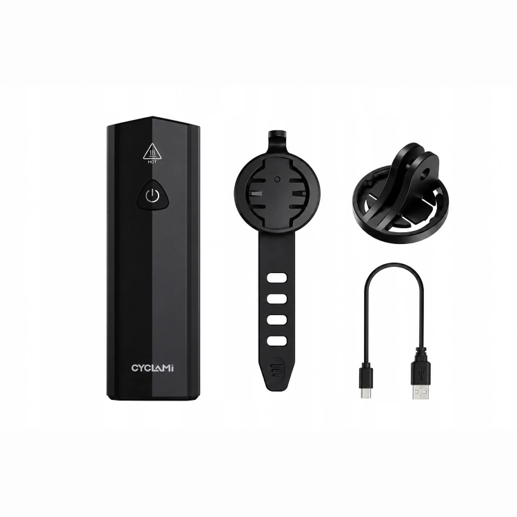 Zestaw CYCLAMI BR-500: lampka, uchwyt z paskiem, adapter GoPro i kabel USB-C