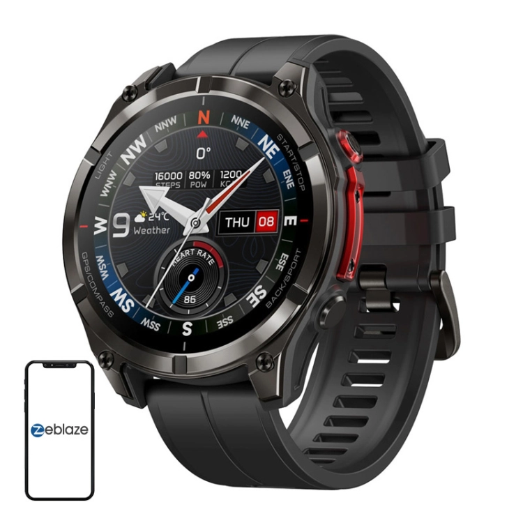 Zeblaze Stratos 4 Pro z tarczą kompasu obok telefonu z logo Zeblaze