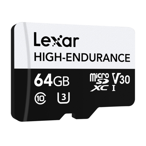 Karta pamięci Lexar High-Endurance 64 GB, przód z logo i pojemnością
