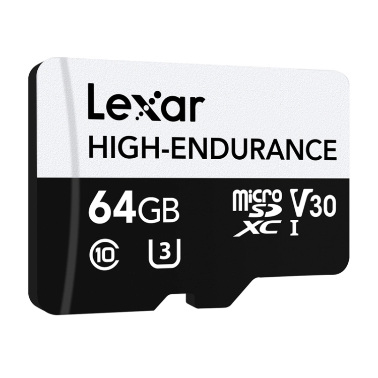 Karta pamięci Lexar High-Endurance 64 GB, przód z logo i pojemnością
