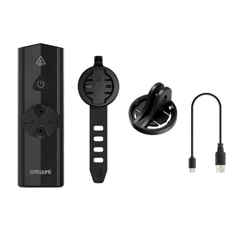 Zestaw CYCLAMI BR-1000T: lampka, uchwyt z paskiem, adapter GoPro i kabel USB-C
