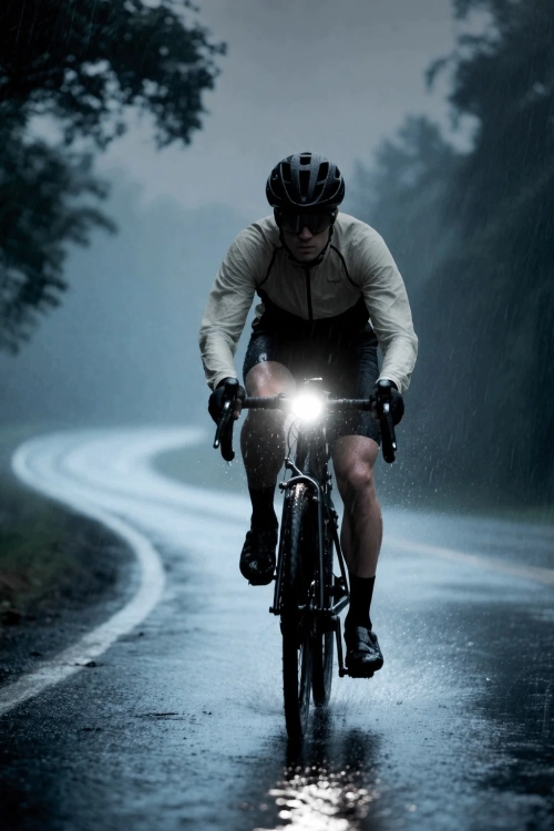 Rowerzysta w deszczu z włączoną lampką CYCLAMI BR-1000T