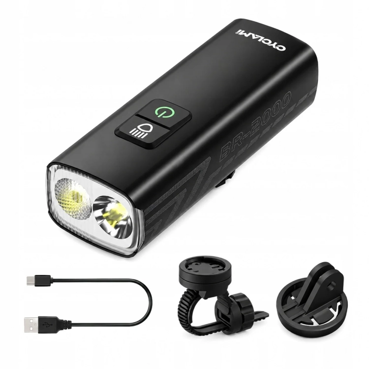 Zestaw CYCLAMI BR-2000: lampka, kabel USB-C, uchwyt z paskiem i adapter GoPro