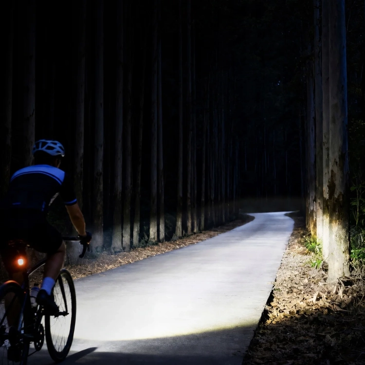 Rowerzysta na leśnej ścieżce nocą oświetlonej lampką CYCLAMI CYC1700