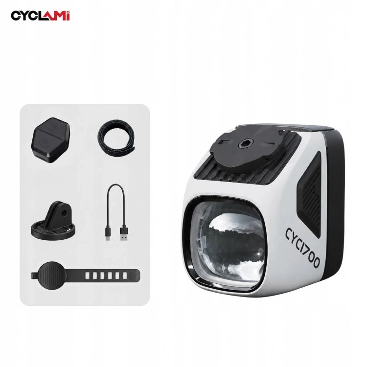 Zestaw CYCLAMI CYC1700: lampka, pilot, pasek do pilota, adapter GoPro i kabel USB-C