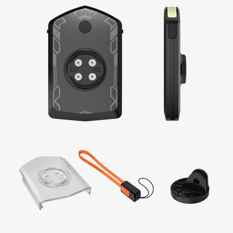 Zestaw CYCLAMI RVL01: lampka z przodu i z boku, podstawa montażowa, kabel i adapter GoPro
