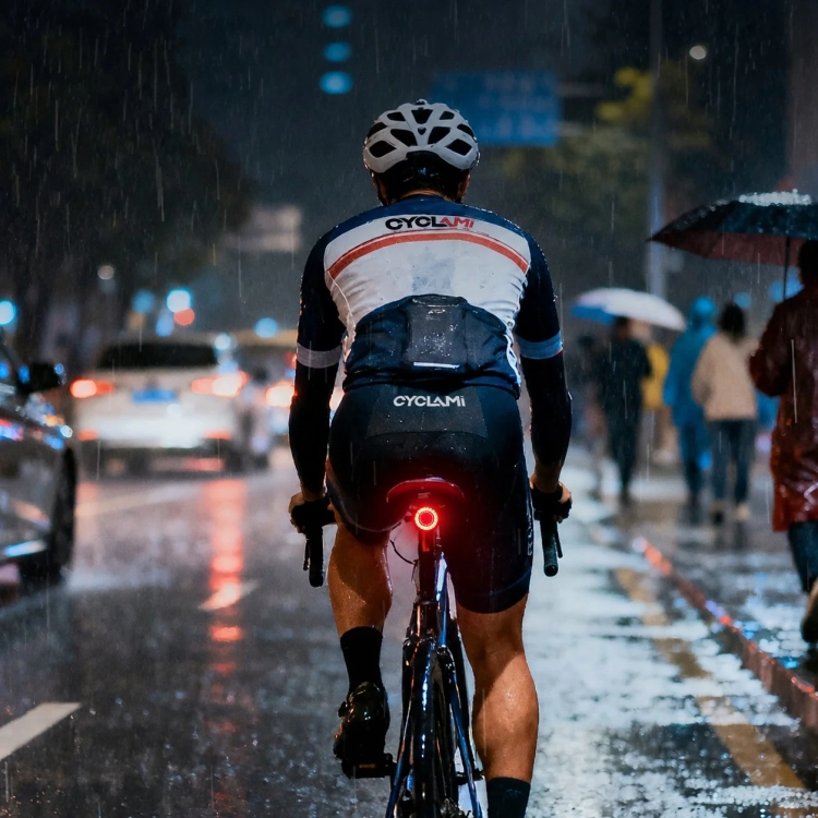 Rowerzysta w deszczu z włączoną lampką CYCLAMI CY120