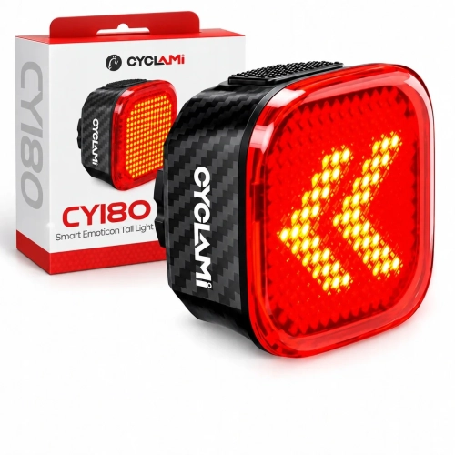 Tylna lampka rowerowa CYCLAMI CY180 ze strzałkami na matrycy LED i opakowaniem
