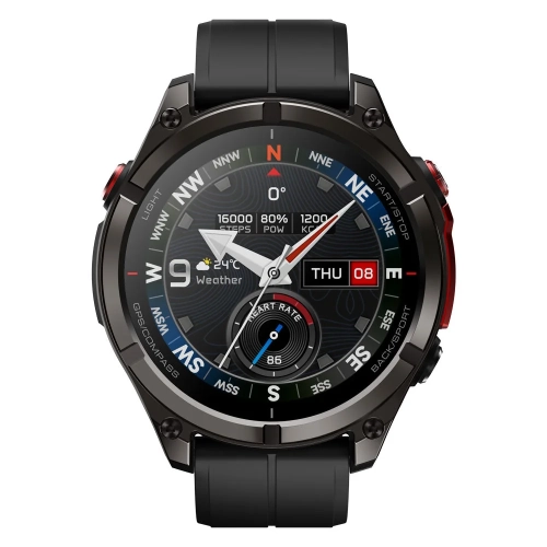 Czarny smartwatch Zeblaze Stratos 4 Pro od frontu z tarczą kompasu