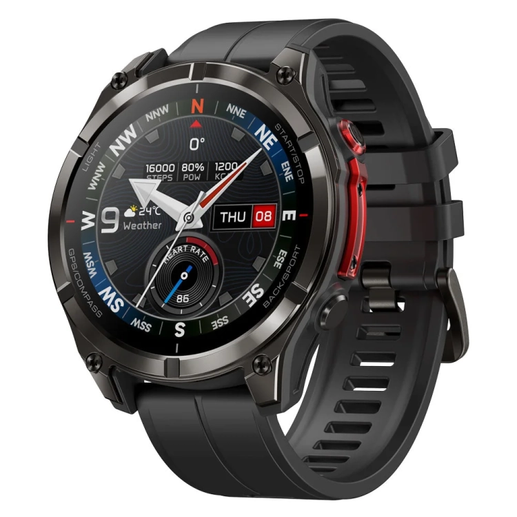 Zeblaze Stratos 4 Pro z ukosa z czerwonym przyciskiem i stalową ramką