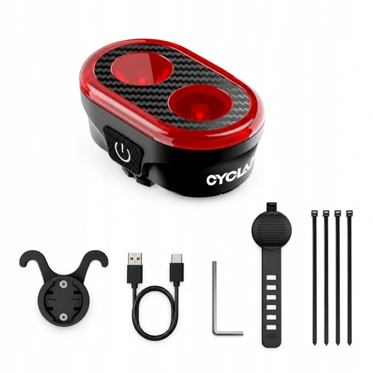 Zestaw CYCLAMI CY200: lampka, uchwyty, kabel USB-C, klucz i opaski
