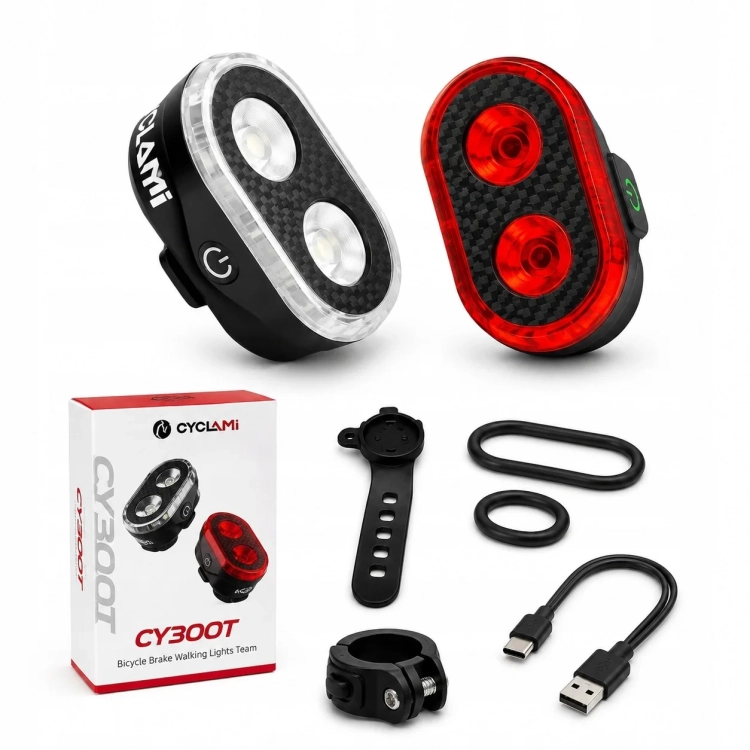 Zestaw CYCLAMI CY300T: dwie lampki, uchwyty, kabel USB-C i opakowanie