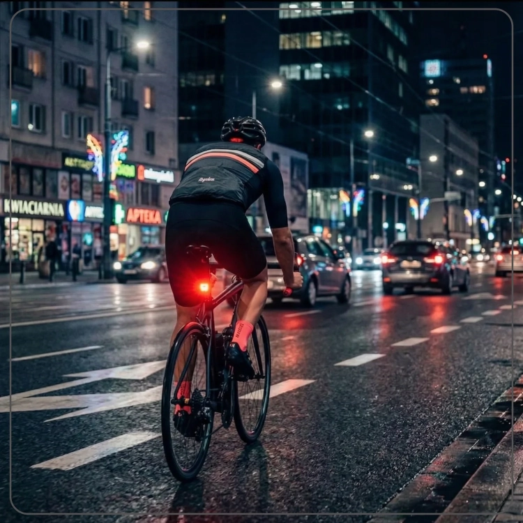 Rowerzysta z włączoną lampką CYCLAMI RT02 nocą w mieście