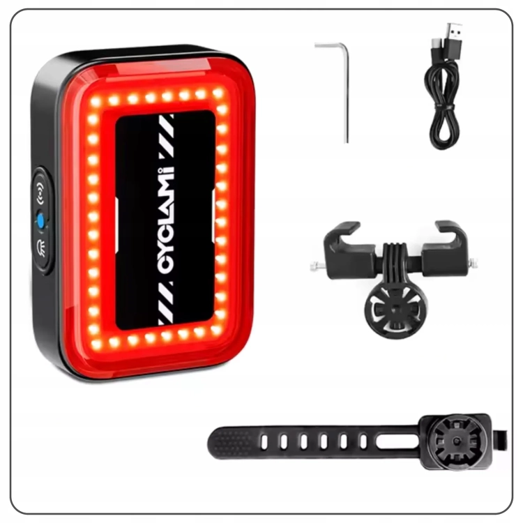Zestaw CYCLAMI RT02: lampka z radarem, uchwyty, klucz imbusowy i kabel USB-C