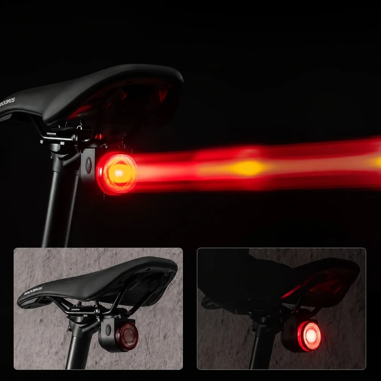 Włączona lampka CYCLAMI A8 PRO pod siodełkiem roweru w ruchu
