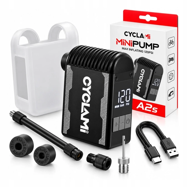 Zestaw CYCLAMI A2S: pompka, etui, końcówki, wężyk, igła i kabel USB-C